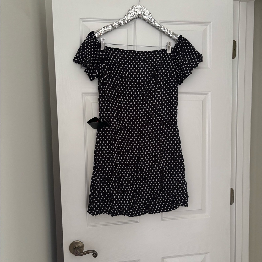 NWT Bebe black and white polka dot off shoulder a-line dress sz 6
